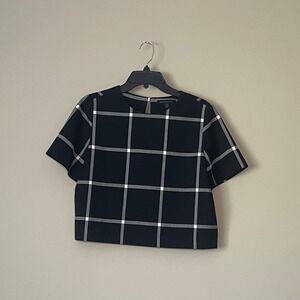 Banana Republic Women's Black Grid Plaid Short Sleeve Crew Neck Crop Top Size S